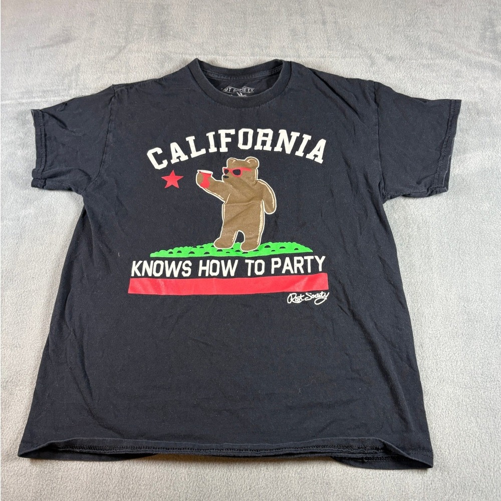 Riot Society California Knows How To Party Bear Graphic T-Shirt Black Mens Med